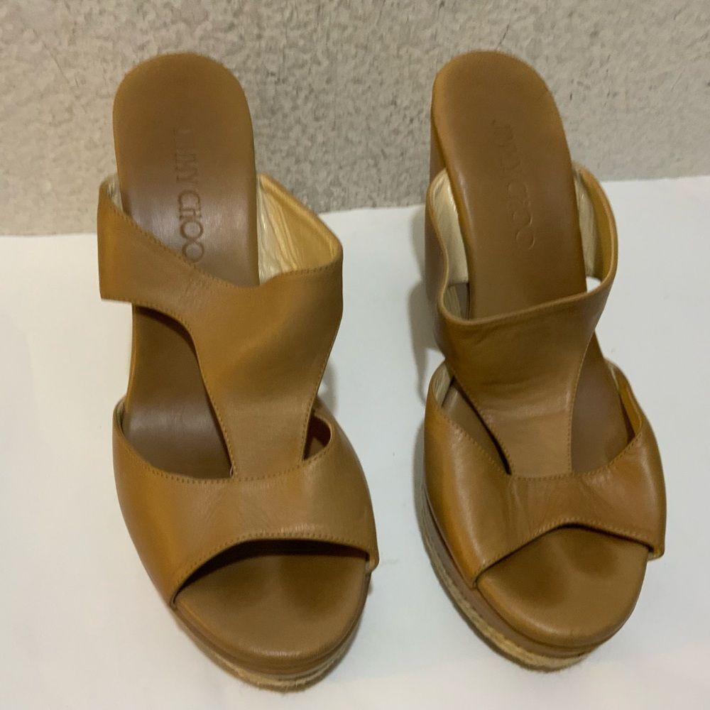 Jimmy Choo Vachetta Leather Teak Espadrille Wedge Sandal 38.5